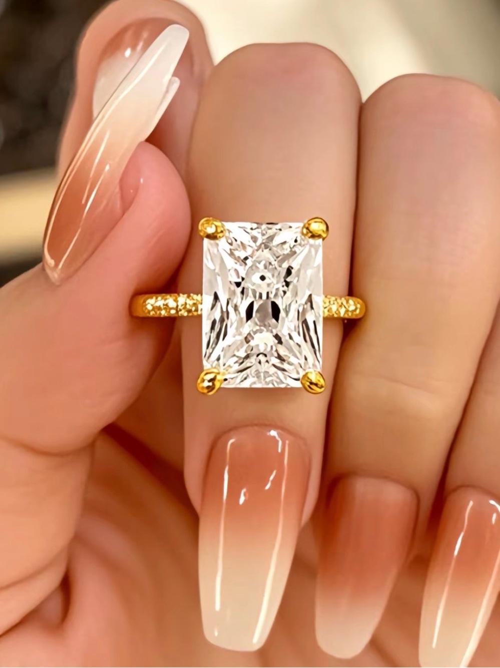 4 Ct Gold Plated Radiant Cut Moissanite Pavé Band Engagement Ring